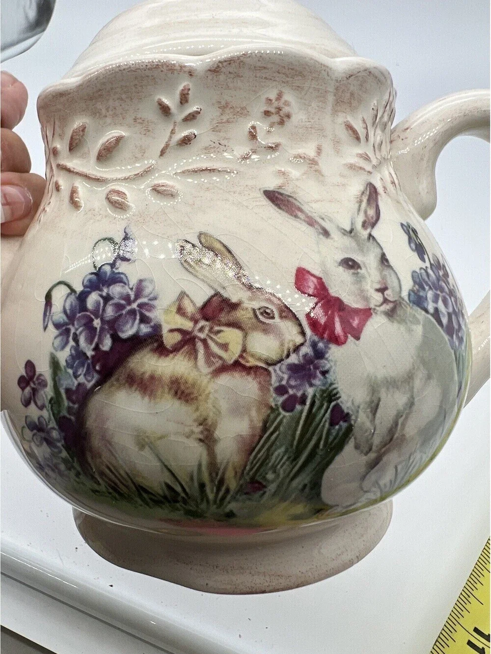 Easter Treasures Teapot by Cracker Barrel Bunny Rabbit Lilacs